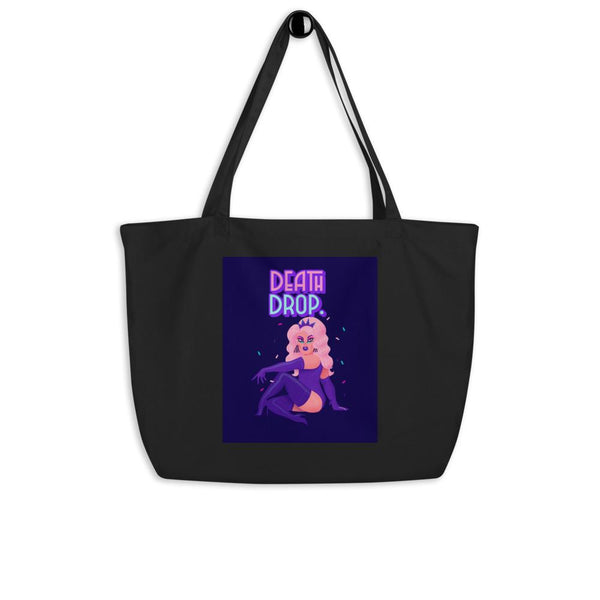 Black tote bag with colorful “DEATH DROP” drag queen illustration