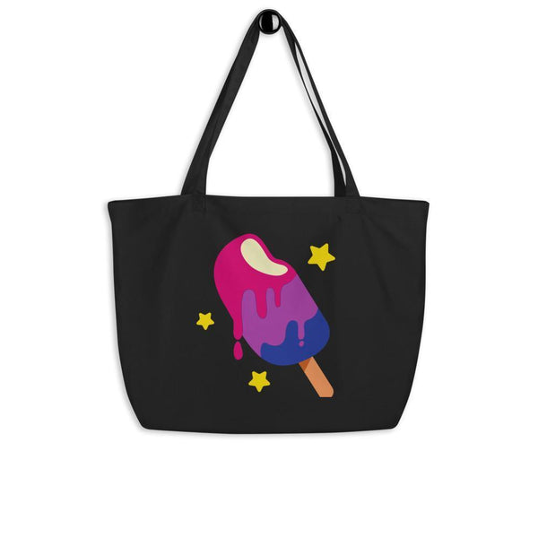 Black tote bag with a colorful melting popsicle and yellow stars