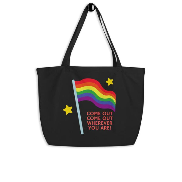 Black Come Out Come Out Large Organic Tote Bag by Queer In The World Originals sold by Queer In The World: The Shop - LGBT Merch Fashion