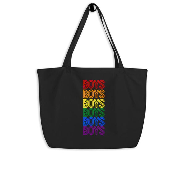 Black tote bag with stacked rainbow “BOYS” lettering on the front