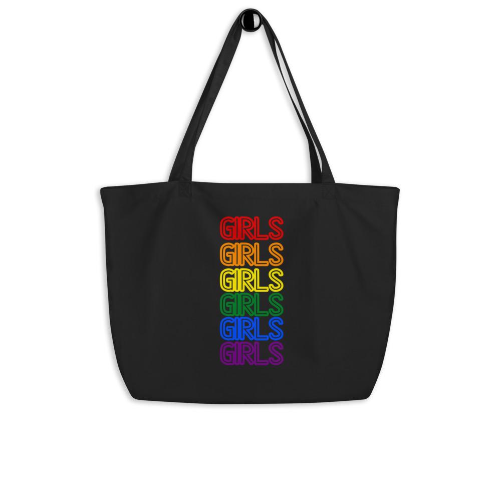 Black organic tote bag with stacked rainbow “GIRLS” lettering