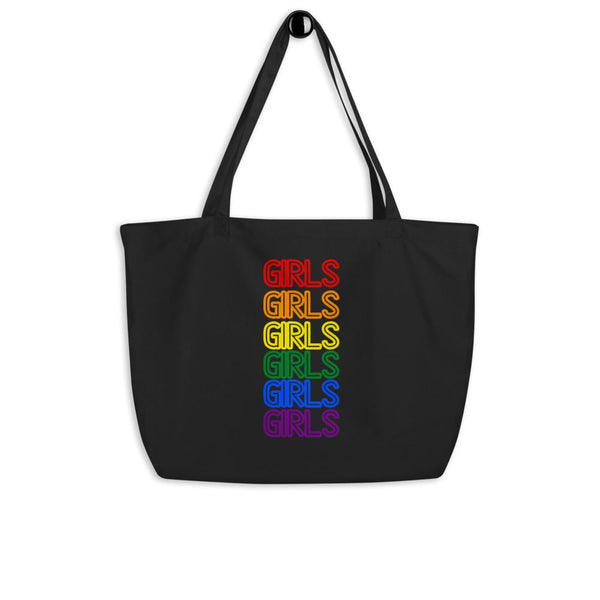 Black organic tote bag with stacked rainbow “GIRLS” lettering