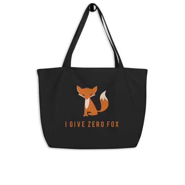 Black organic tote bag with an orange fox graphic and “I GIVE ZERO FOX” slogan
