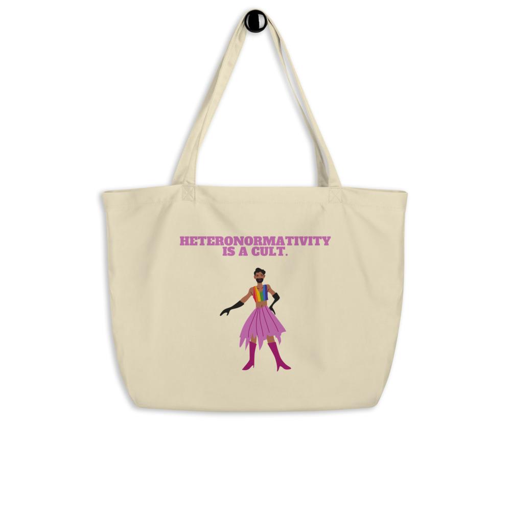 Oyster Heteronormativity Is A Cult Large Organic Tote Bag by Queer In The World Originals sold by Queer In The World: The Shop - LGBT Merch Fashion