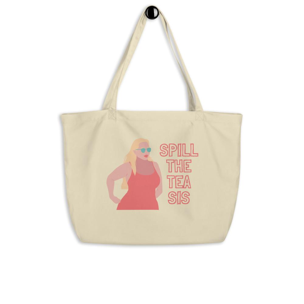 Cream organic tote bag with woman illustration and “SPILL THE TEA SIS” text