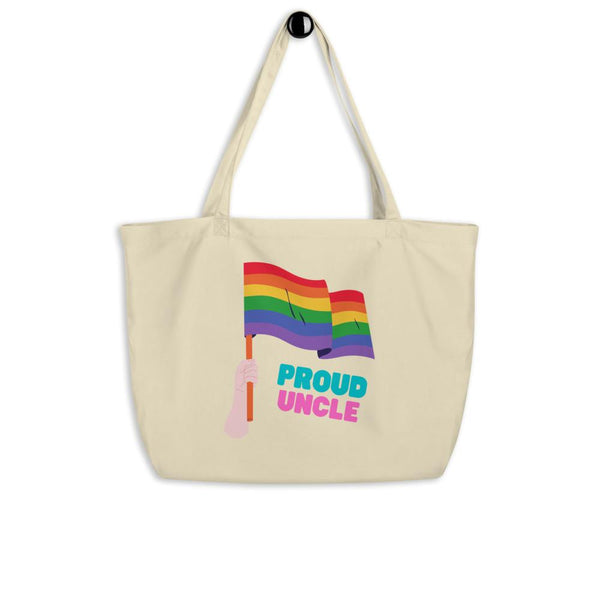 Proud Uncle tote bag with rainbow flags and colorful “PROUD UNCLE” lettering