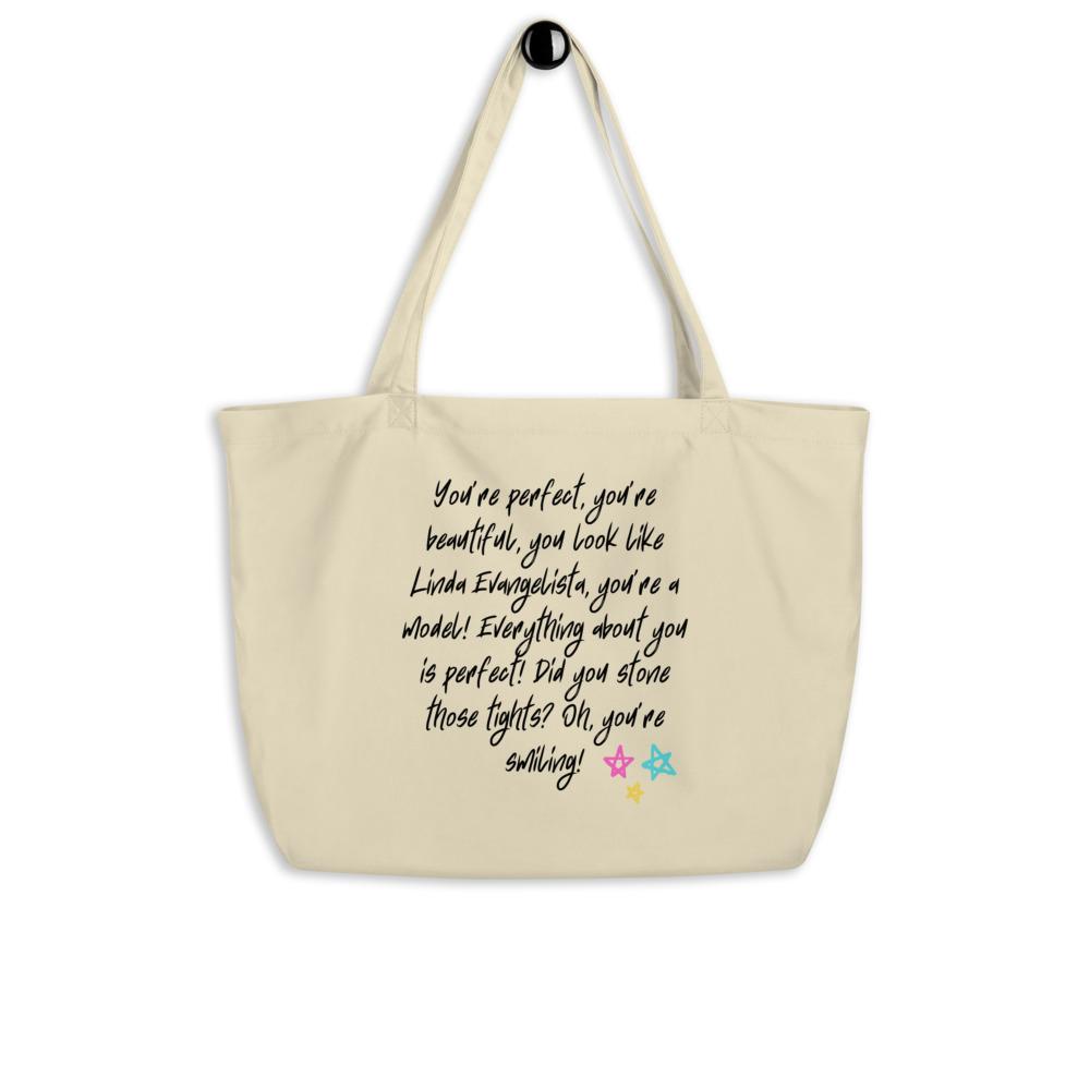 Cream organic tote bag with colorful stars and “You’re perfect, you’re beautiful...” quote