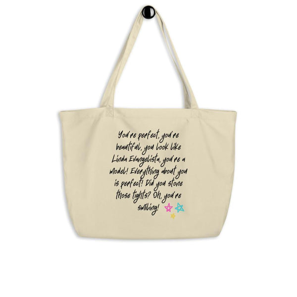 Cream organic tote bag with colorful stars and “You’re perfect, you’re beautiful...” quote