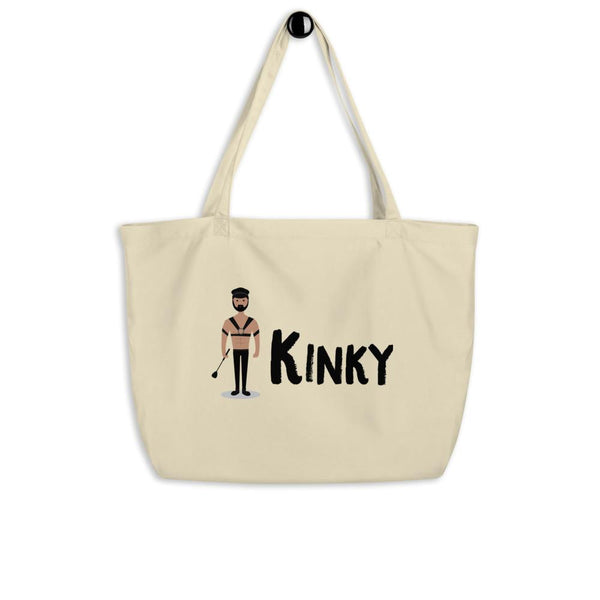 Natural canvas tote bag with black “KINKY” text and a leather-clad figure graphic