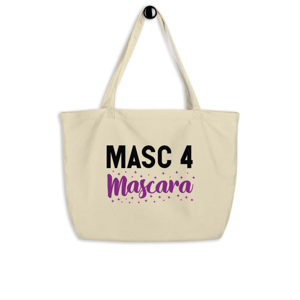 Cream organic tote bag with long handles and purple-and-black “MASC 4 Mascara” graphic