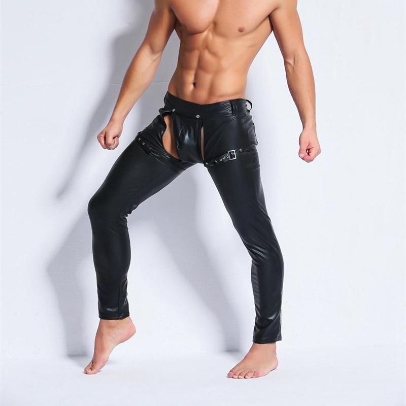 Front view of black faux-leather open-crotch pants with buckle straps and snap details