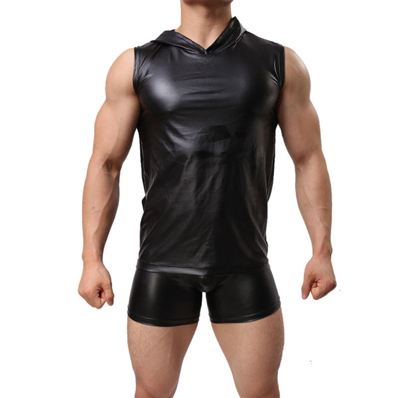Leather men s tank top with hood sexy shorts photographed for the product listing.