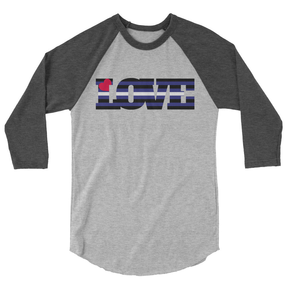 Front view of a gray raglan shirt with dark sleeves and a striped LOVE graphic