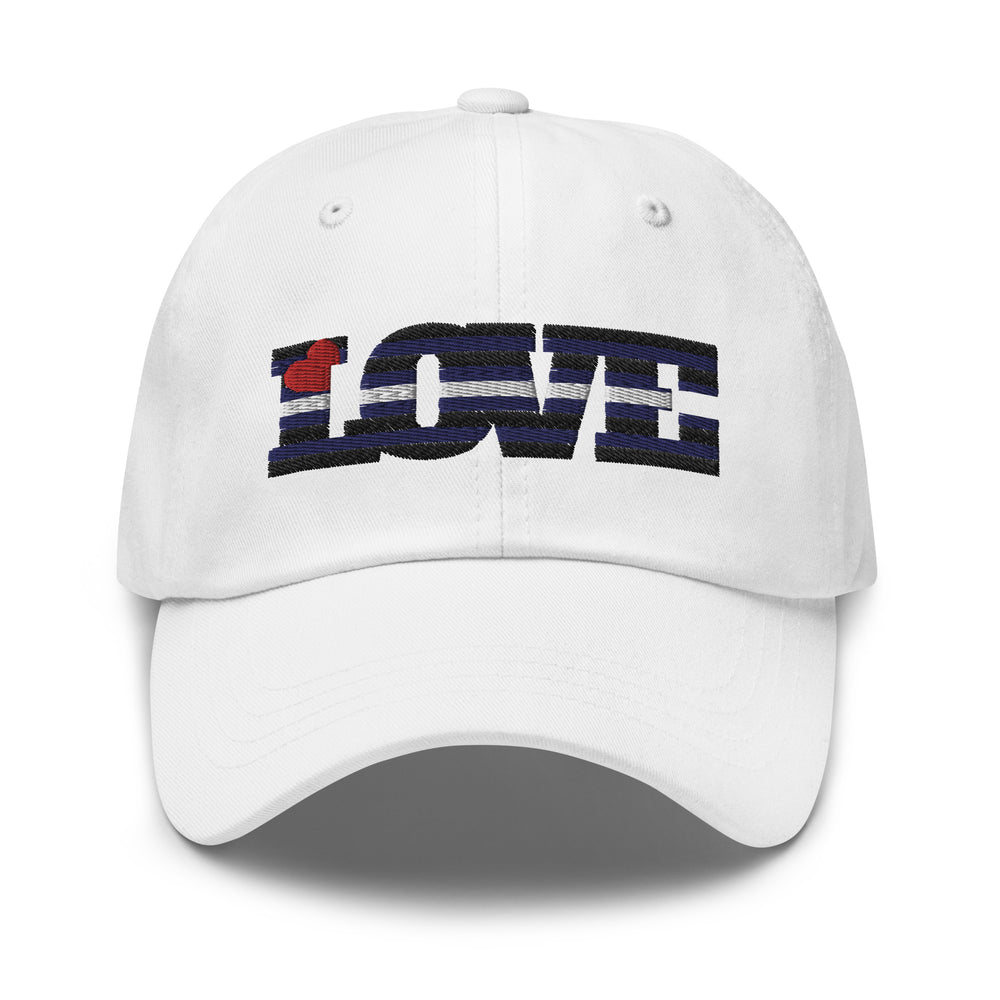 Front view of a white cap embroidered with a red heart and the word “LOVE” in black, blue, and white.