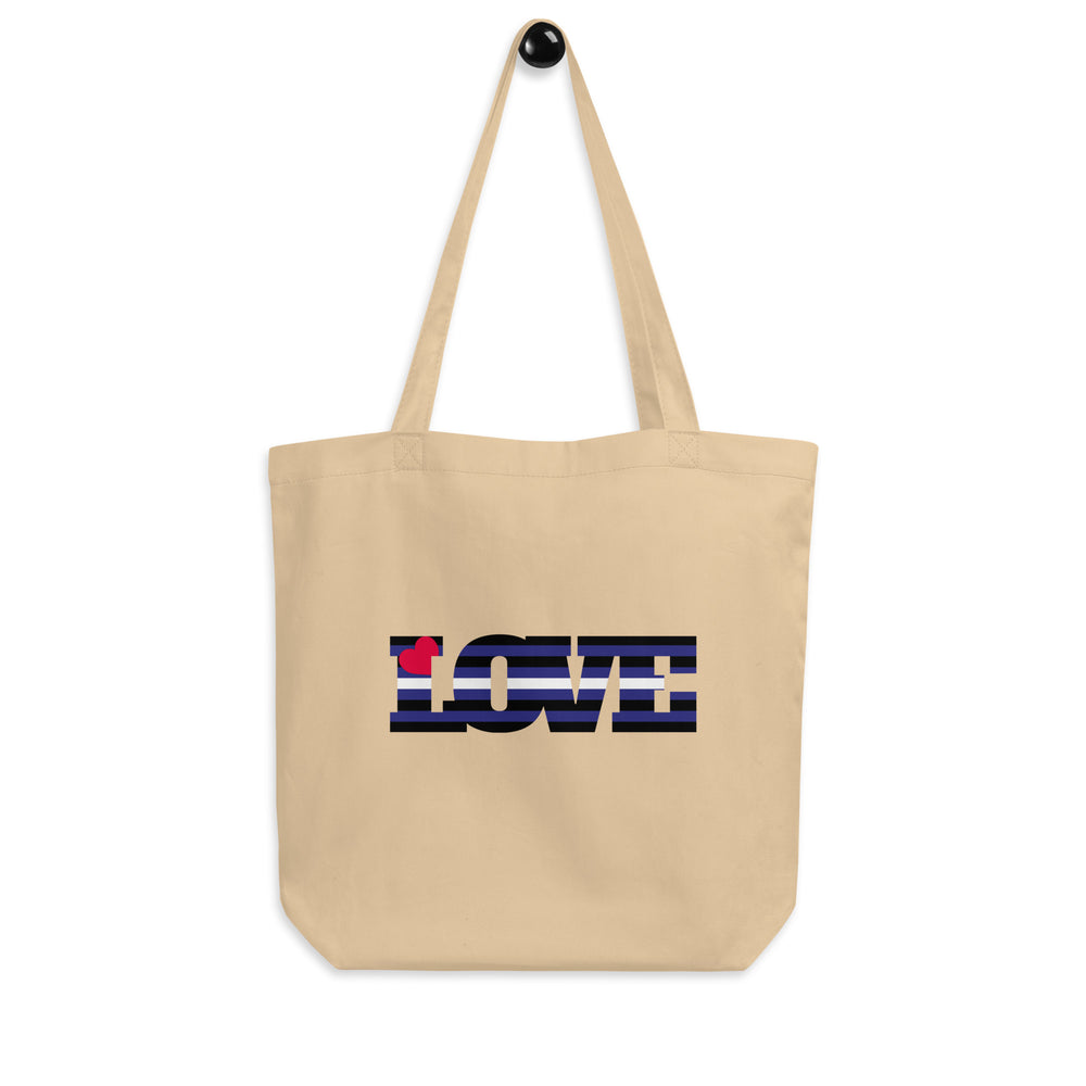 Natural canvas tote bag with long handles and striped leather pride flag heart design