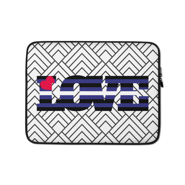 Front view of a white laptop sleeve with black chevrons and a purple-and-black LOVE graphic with a red heart