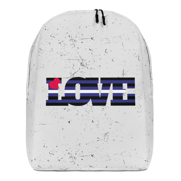 Front view of a white speckled backpack with black-and-purple stripes and a pink heart over LOVE