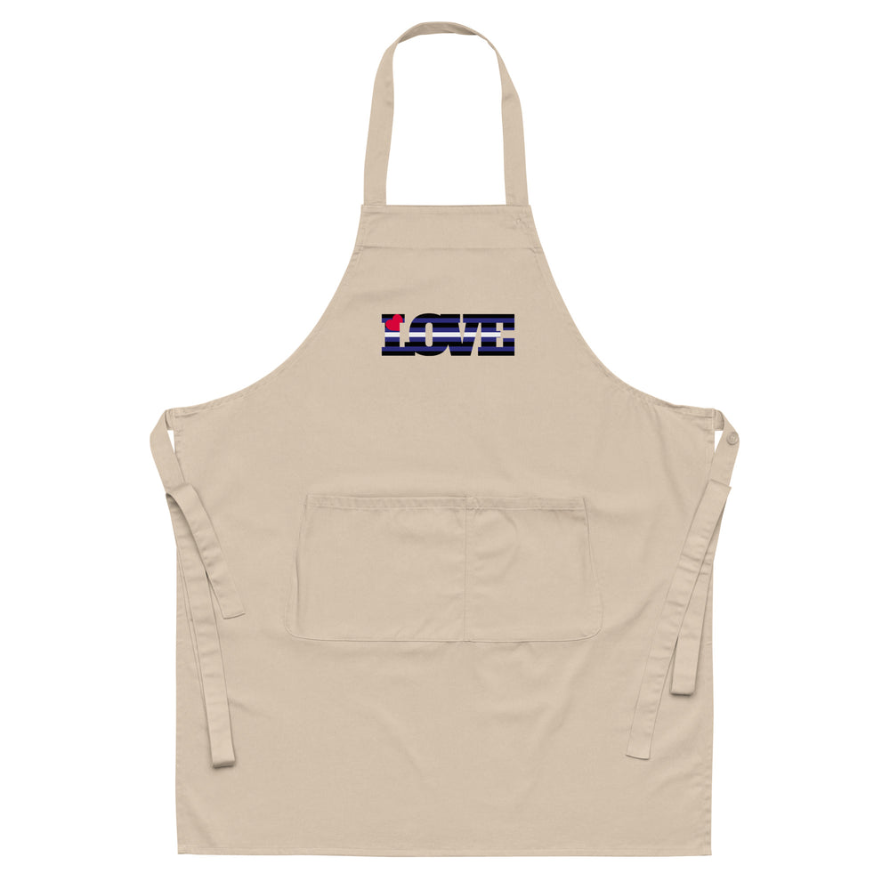 Front view of a beige apron with LOVE graphic, neck loop, waist ties, and large pocket