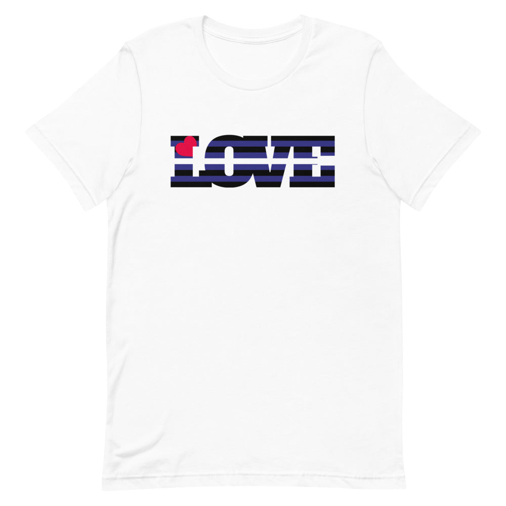 White short-sleeve T-shirt with black-and-blue striped “LOVE” lettering and a red heart
