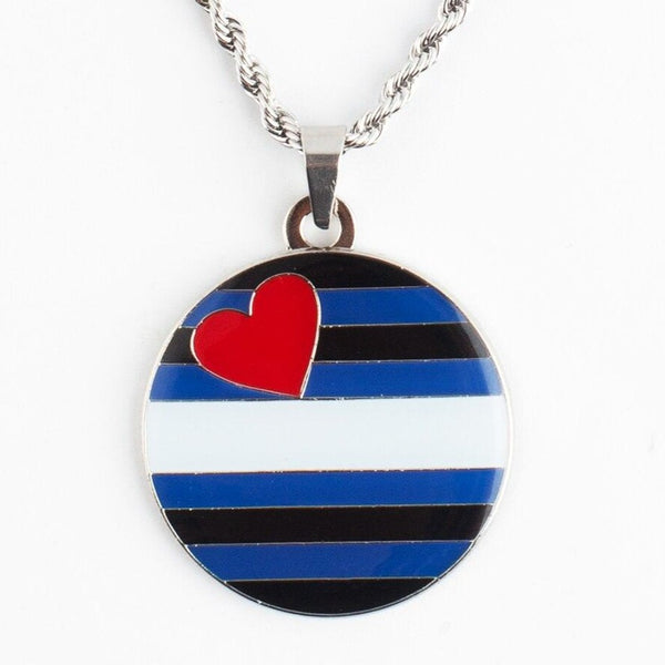 Leather pride pendant necklace with black, blue and white stripes and a red heart