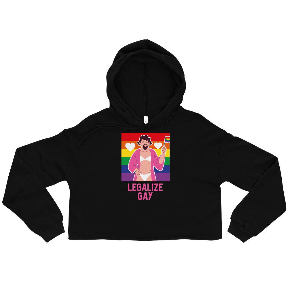 Black cropped hoodie with a rainbow illustration and “LEGALIZE GAY” text
