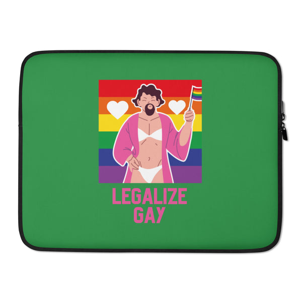 Green laptop sleeve with a rainbow illustration, hearts, and “LEGALIZE GAY” text