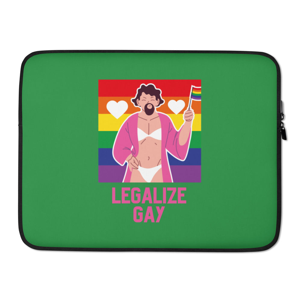 Green laptop sleeve with a rainbow illustration, hearts, and “LEGALIZE GAY” text