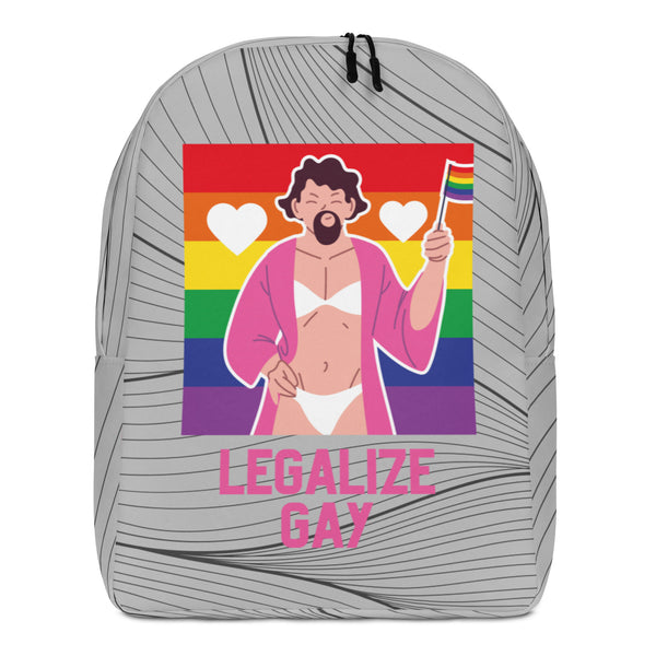 Front view of a gray backpack with a Pride flag illustration and “LEGALIZE GAY” text