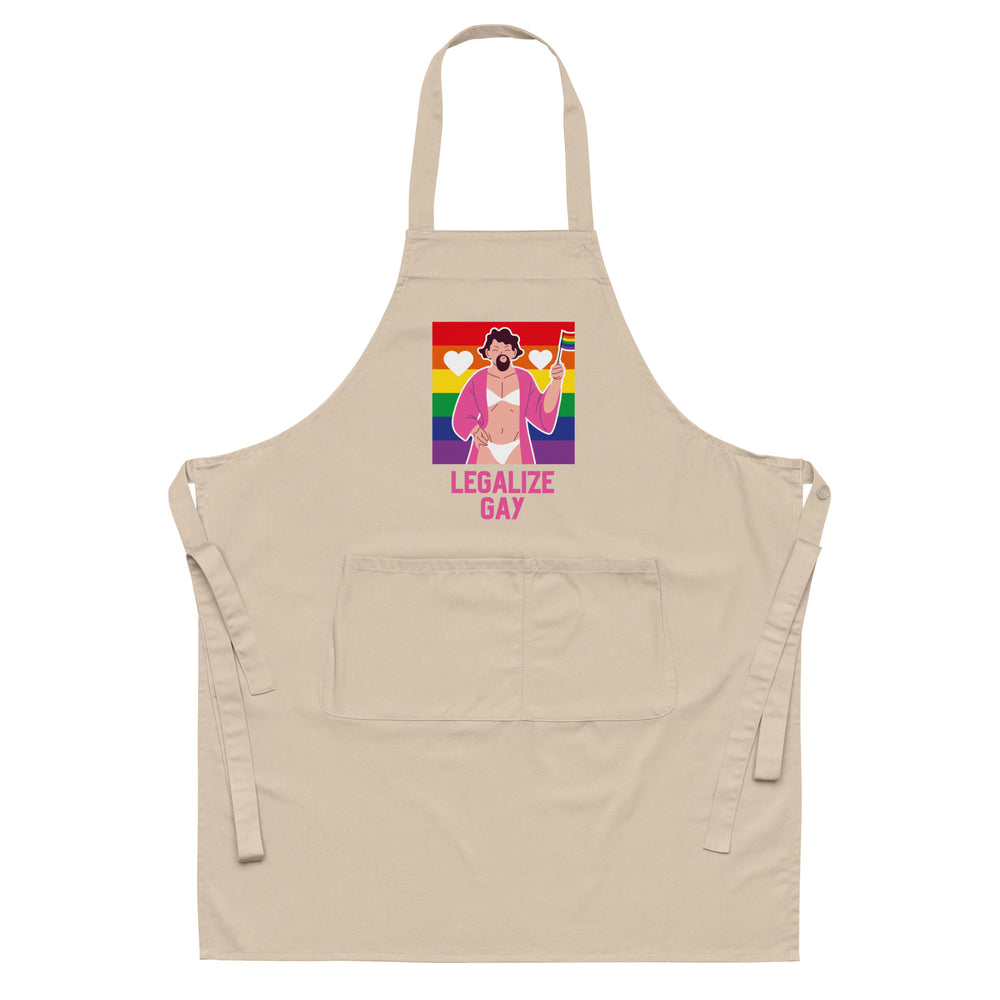 Front-facing beige apron with a rainbow illustration and “LEGALIZE GAY” text