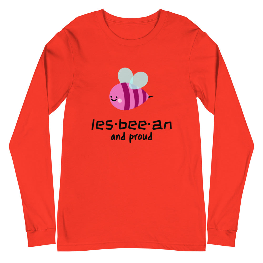 Red long-sleeve shirt with a cartoon bee and “les-bee-an and proud” text