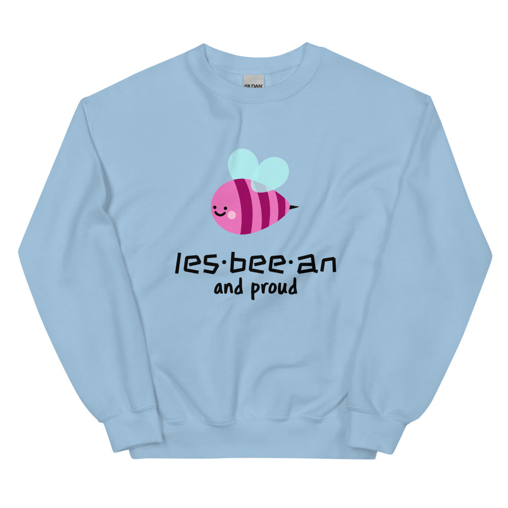 Light blue sweatshirt with a cartoon bee and “les-bee-an and proud” text