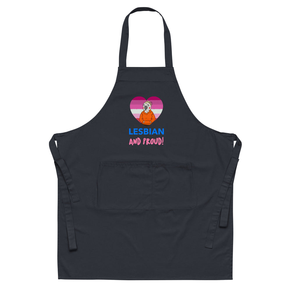 Black apron with a lesbian pride heart graphic and “LESBIAN AND PROUD!” text