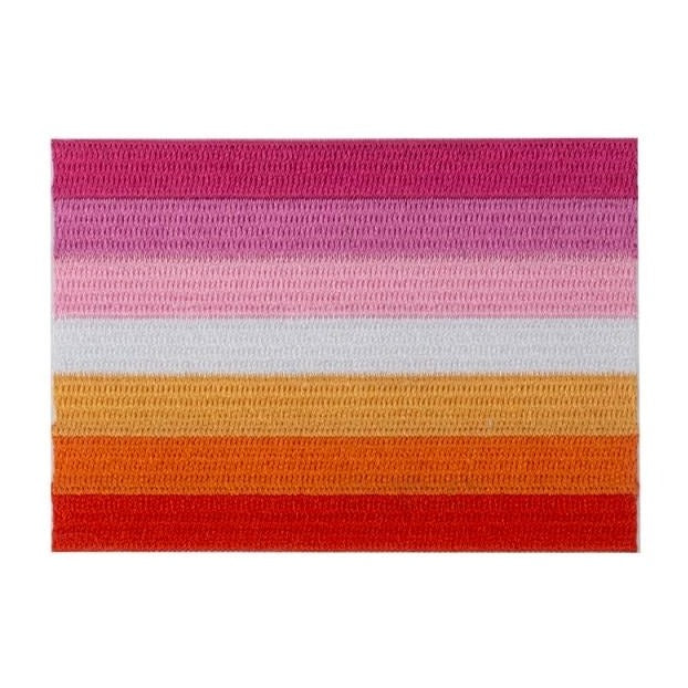 Rectangular embroidered lesbian pride flag patch shown flat, with seven horizontal stripes