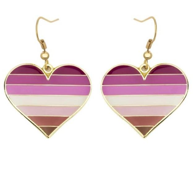 Lesbian pride heart earrings with pink, white, and dark rose horizontal stripes