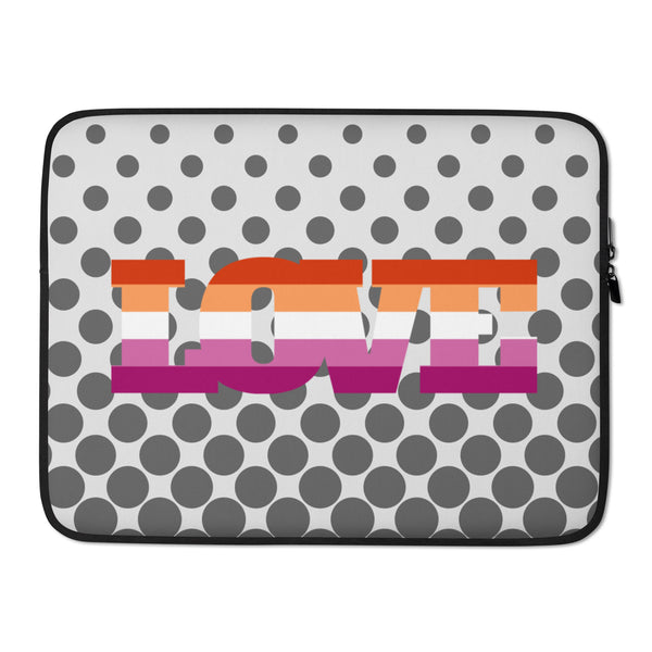 Front-facing laptop sleeve with gray polka dots and colorful “LESBIAN LOVE” lettering