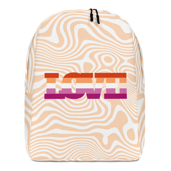 Front view of a cream-and-white wavy-pattern backpack with colorful “LOVE” lettering