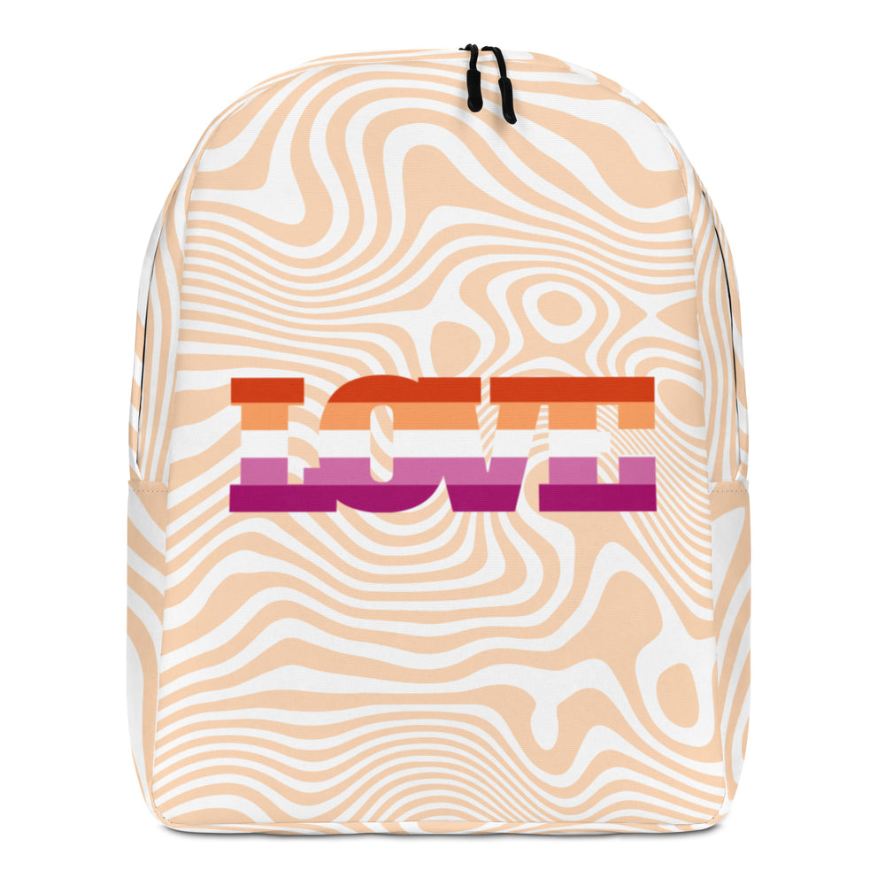 Front view of a cream-and-white wavy-pattern backpack with colorful “LOVE” lettering