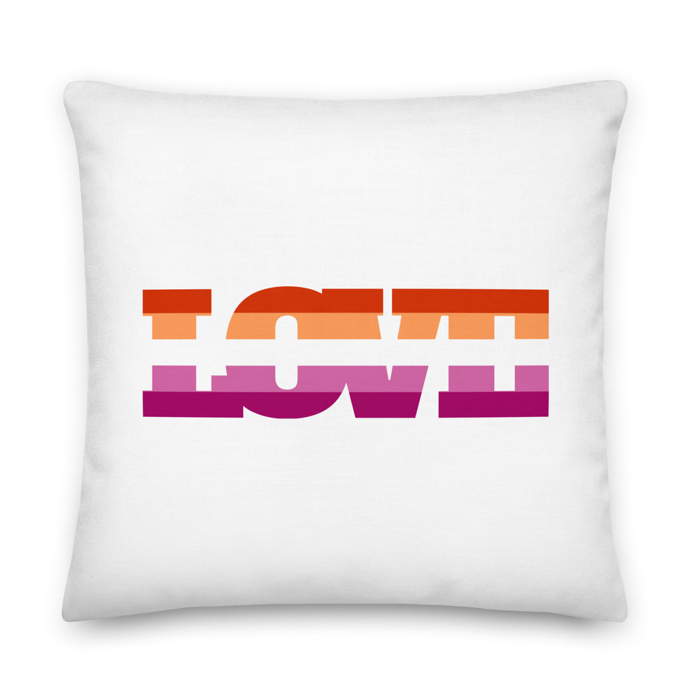 White square pillow with bold orange and magenta lesbian love lettering