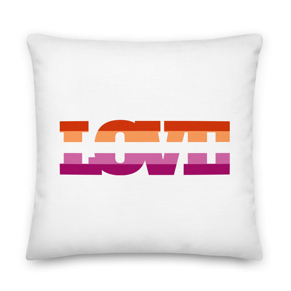 White square pillow with bold orange and magenta lesbian love lettering