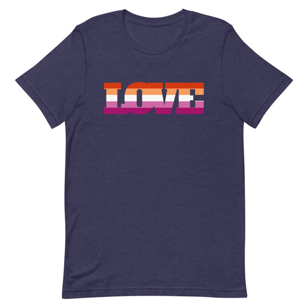 lesbians in leotards: Lesbian Love T-Shirt in navy with bold, colorful “LOVE” text