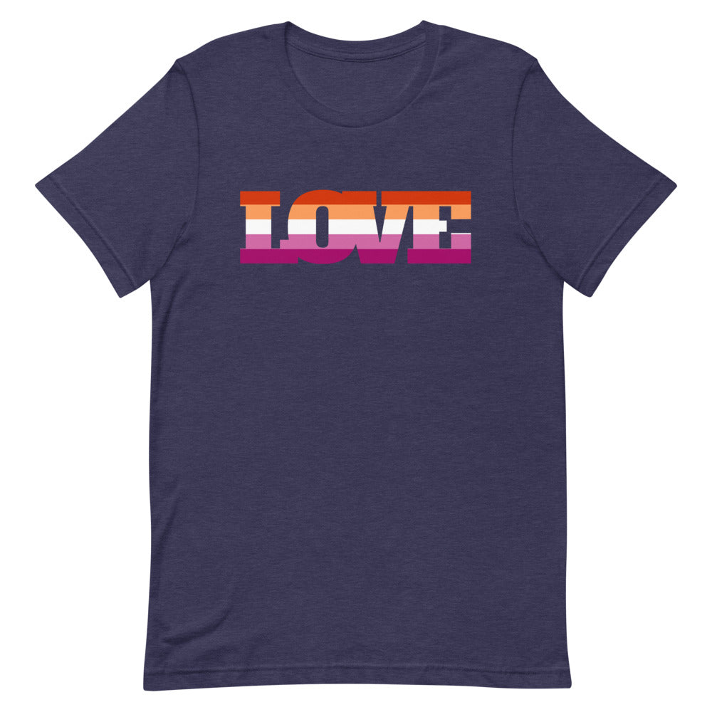 lesbians in leotards: Lesbian Love T-Shirt in navy with bold, colorful “LOVE” text