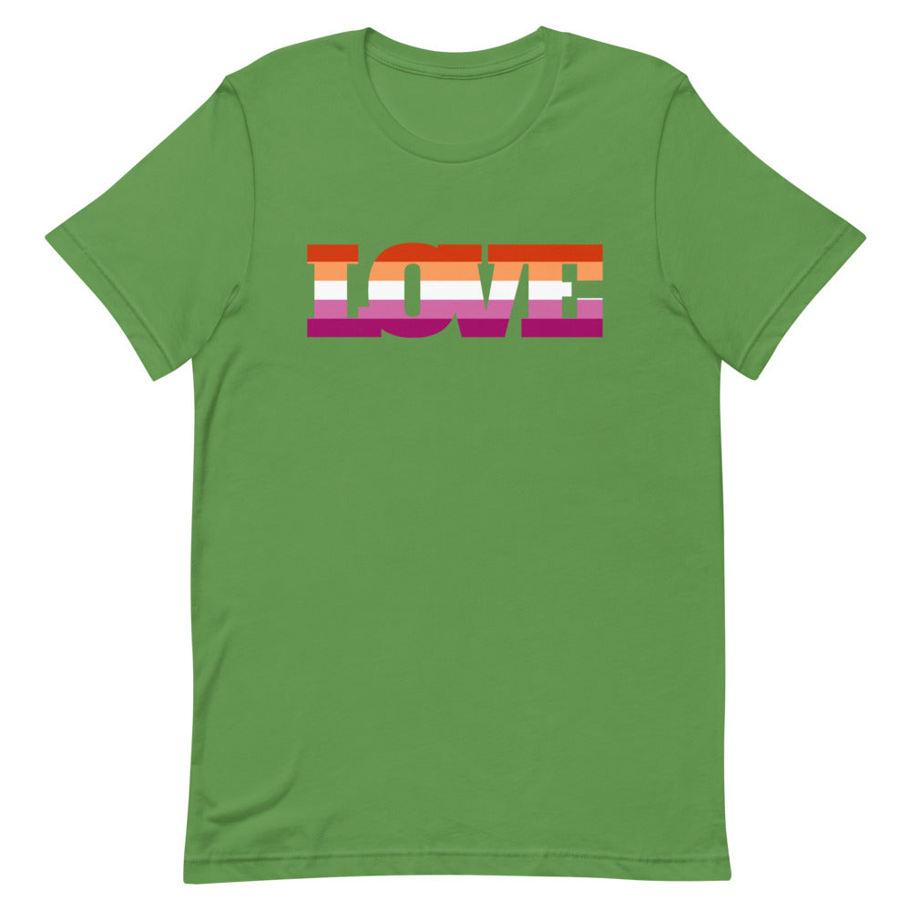 lesbians t-shirts: Lesbian Love T-Shirt with rainbow-striped "LOVE" worn by a confident person