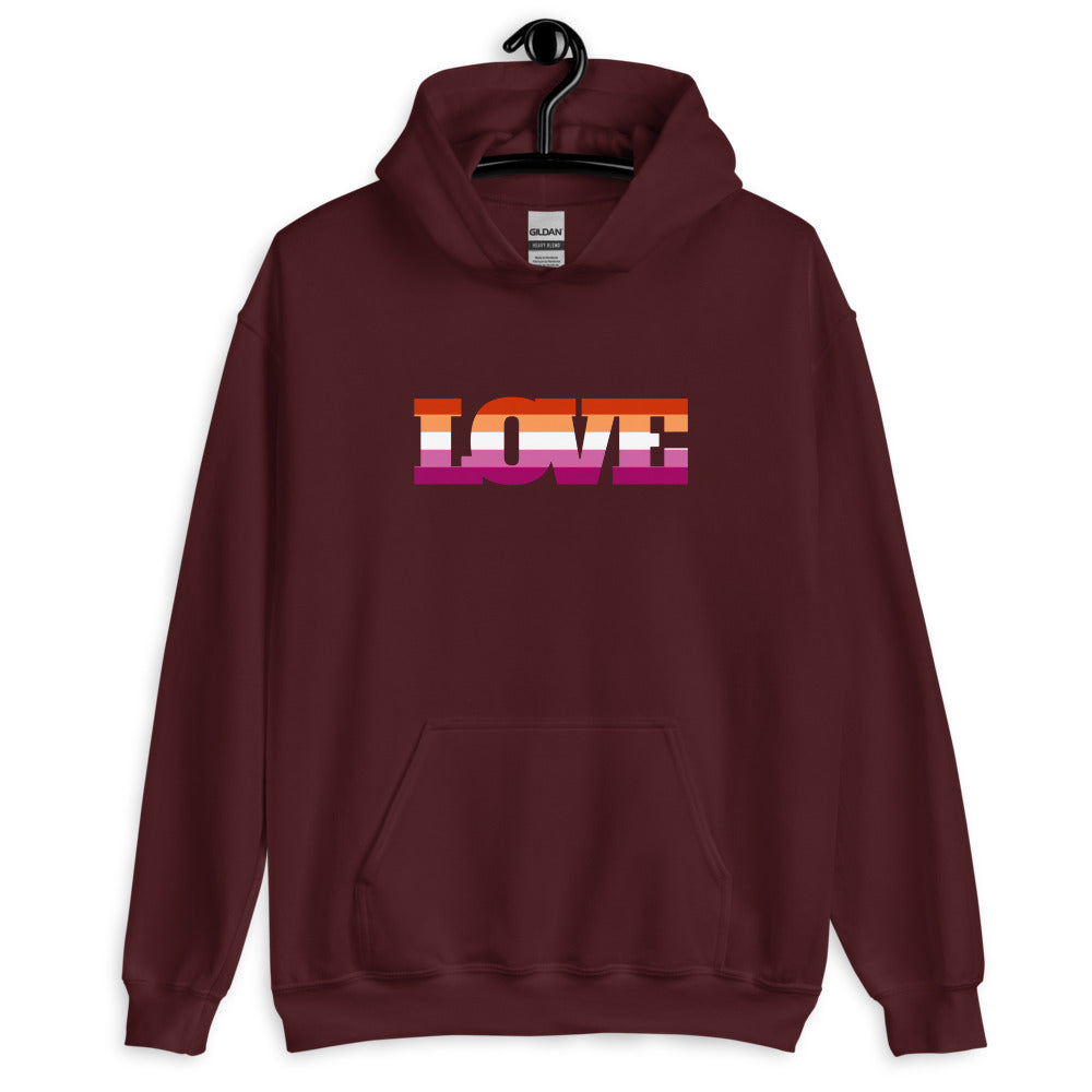 Front-view maroon hoodie with a rainbow-striped LOVE graphic and kangaroo pocket