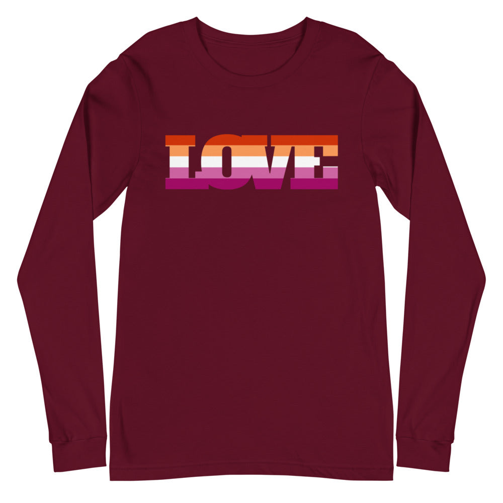 Front view of a maroon long-sleeve shirt with rainbow-striped LOVE lettering