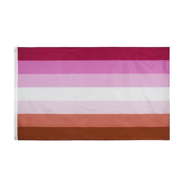 Lesbian pride flag with dark pink, pink, white, and brown horizontal stripes