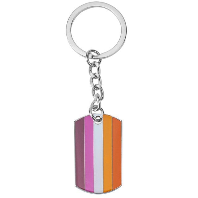 Silver keychain with a striped lesbian pride flag pendant and split ring