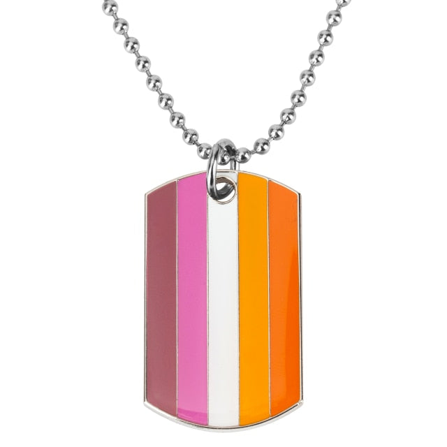 Silver ball-chain necklace with a striped pink, white, orange, and red tag pendant