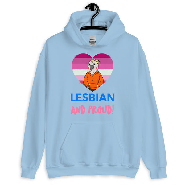 Light blue hoodie with a cockatoo in a lesbian pride heart and “LESBIAN AND PROUD!” text