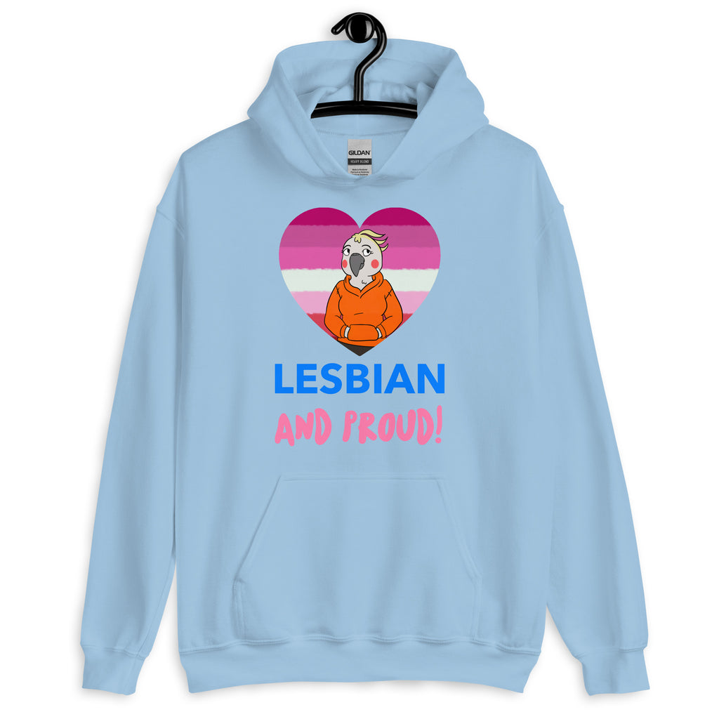 Light blue hoodie with a cockatoo in a lesbian pride heart and “LESBIAN AND PROUD!” text