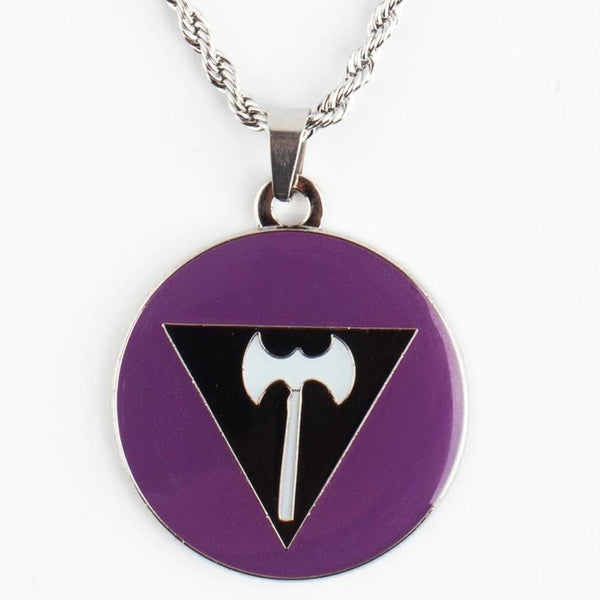 Lesbian pride pendant necklace with purple circular pendant and black inverted triangle axe symbol